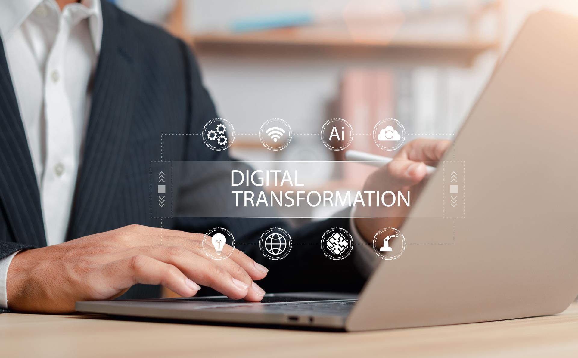 Digital transformation technology strategy,  Business process digitization. Global communication network concept.